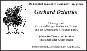 Traueranzeige von Gerhard Dziatzko von Südthüringer Presse