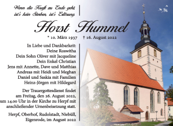 Traueranzeige von Horst Hummel von Südthüringer Presse