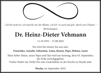 Traueranzeige von Heinz-Dieter Vehmann von Südthüringer Presse