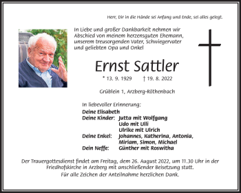 Traueranzeige von Ernst Sattler von Frankenpost