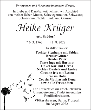 Traueranzeige von Heike Krüger von Südthüringer Presse