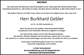 Traueranzeige von Burkhard Gebler von Neue Presse Coburg