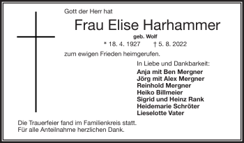 Traueranzeige von Elise Harhammer von Frankenpost