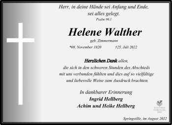 Traueranzeige von Helene Walther von Südthüringer Presse