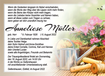Traueranzeige von Anneliese Müller von Südthüringer Presse