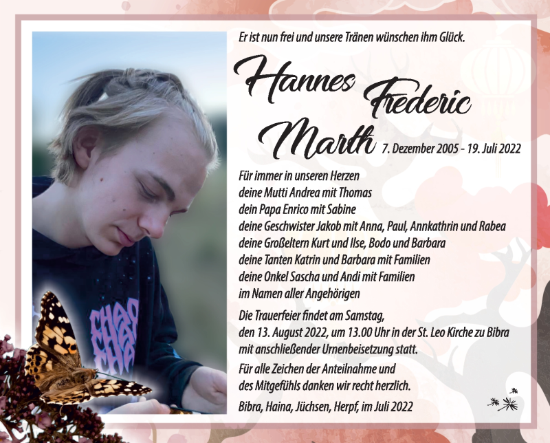  Traueranzeige für Hannes Marth vom 06.08.2022 aus Südthüringer Presse