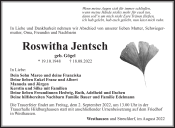 Traueranzeige von Roswitha Jentsch von Südthüringer Presse