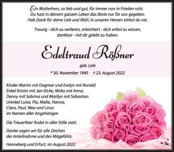Traueranzeige von Edeltraud Rößner von Südthüringer Presse