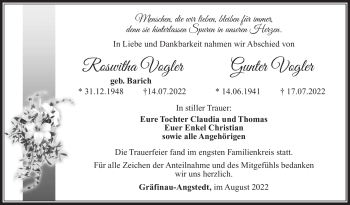 Traueranzeige von RoswithaGunter VoglerVogler von Südthüringer Presse