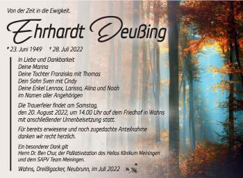 Traueranzeige von Ehrhardt Deußing von Südthüringer Presse