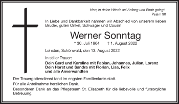 Traueranzeige von Werner Sonntag von Frankenpost