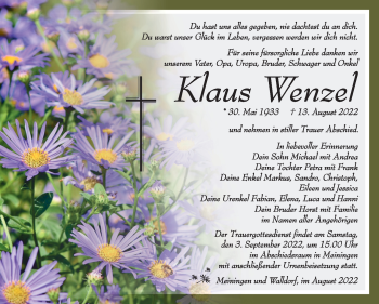 Traueranzeige von Klaus Wenzel von Südthüringer Presse