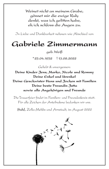 Traueranzeige von Gabriele Zimmermann von Südthüringer Presse