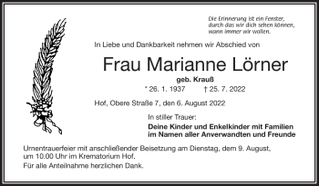 Traueranzeige von Marianne Lörner von Frankenpost