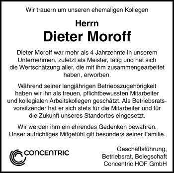 Traueranzeige von Dieter Moroff von Frankenpost