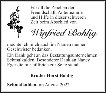 Traueranzeige von Winfried Bohlig von Südthüringer Presse
