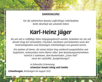 Traueranzeige von Karl-Heinz Jäger von Südthüringer Presse