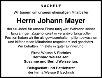 Traueranzeige von Johann Mayer von Neue Presse Coburg