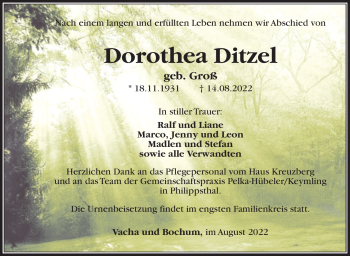 Traueranzeige von Dorothea Ditzel von Südthüringer Presse