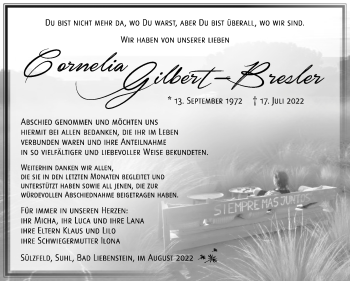 Traueranzeige von Cornela Gilbert-Bresler von Südthüringer Presse