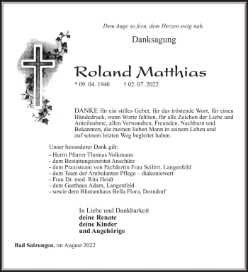 Traueranzeige von Roland Matthias von Südthüringer Presse
