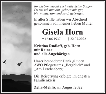 Traueranzeige von Gisela Horn von Südthüringer Presse
