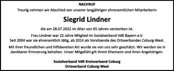 Traueranzeige von Siegrid Lindner von Neue Presse Coburg