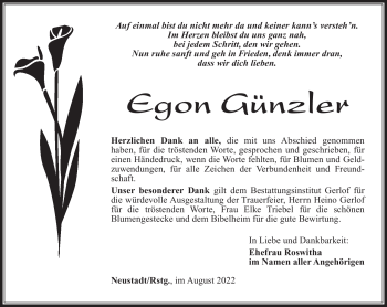 Traueranzeige von Egon Günzler von Südthüringer Presse