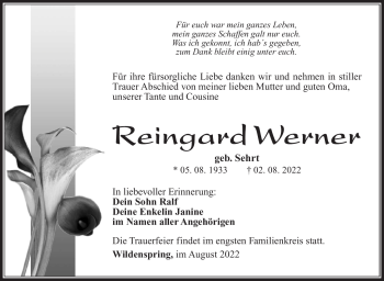 Traueranzeige von Reingard Werner von Südthüringer Presse