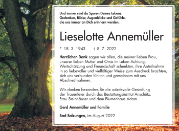 Traueranzeige von Lieselotte Annemüller von Südthüringer Presse
