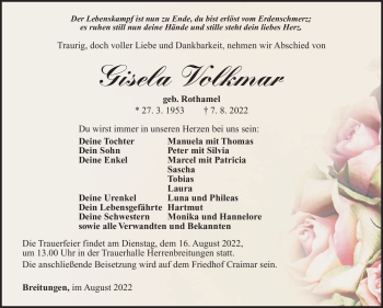 Traueranzeige von Gisela Volkmar von Südthüringer Presse