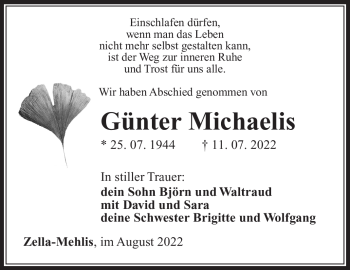 Traueranzeige von Günter Michaelis von Südthüringer Presse