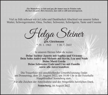 Traueranzeige von Helga Steiner von Südthüringer Presse