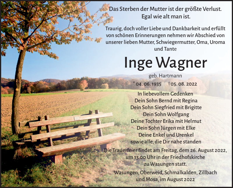  Traueranzeige für Inge Wagner vom 20.08.2022 aus Südthüringer Presse