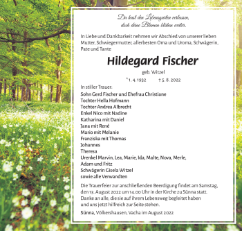 Traueranzeige von Hildegard Fischer von Südthüringer Presse