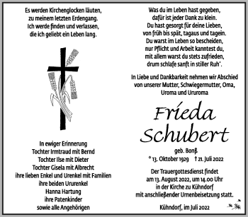 Traueranzeige von Frieda Schubert von Südthüringer Presse