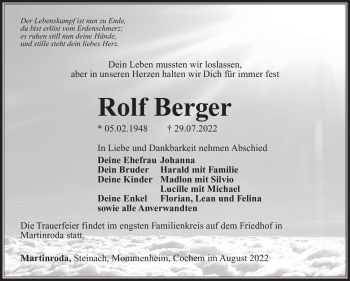 Traueranzeige von Rolf Berger von Südthüringer Presse