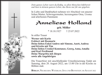 Traueranzeige von Anneliese Holland von Südthüringer Presse