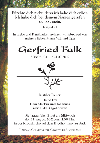 Traueranzeige von Gerfried Falk von Südthüringer Presse