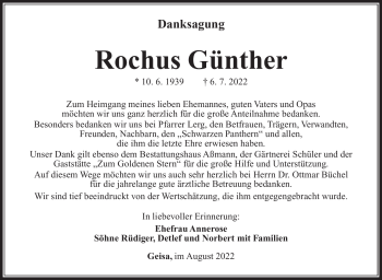 Traueranzeige von Rochus Günther von Südthüringer Presse
