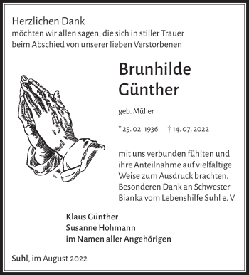 Traueranzeige von Brunhilde Günther von Südthüringer Presse