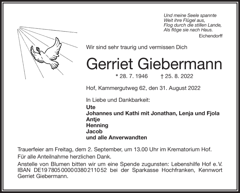  Traueranzeige für Gerriet Giebermann vom 31.08.2022 aus Frankenpost