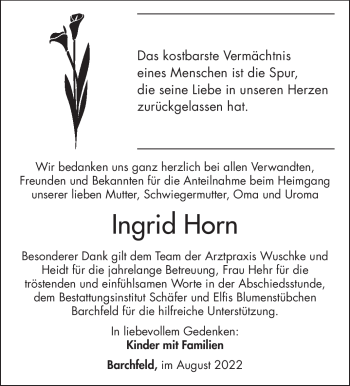 Traueranzeige von Ingrid Horn von Südthüringer Presse