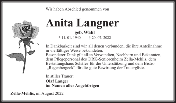 Traueranzeige von Anita Langner von Südthüringer Presse