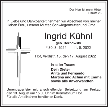 Traueranzeige von Ingrid Kühnl von Frankenpost