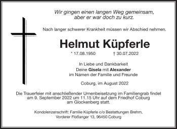 Traueranzeige von Helmut Küpferle von Neue Presse Coburg