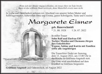 Traueranzeige von Margarete Eisner von Südthüringer Presse