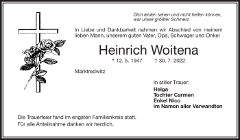 Traueranzeige von Heinrich Woitena von Frankenpost