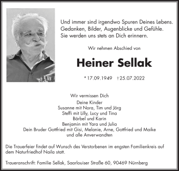 Traueranzeige von Heiner Sellak von Frankenpost