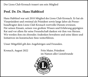 Traueranzeige von Hans Hablitzel von Neue Presse Coburg
